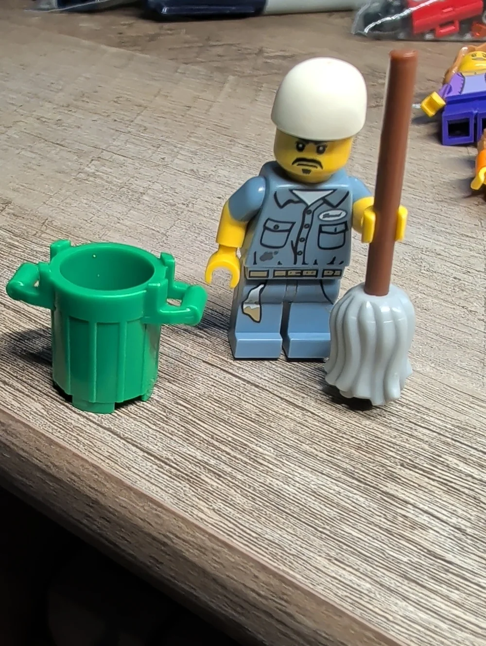 Lego Series 15 Janitor Minifigure with Mop and Green Trash Can